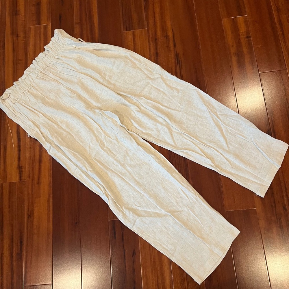 Umgee Linen Pants Wide Leg Paperbag Tie Lace Up Elastic Beige Oatmeal New Large - Picture 4 of 10